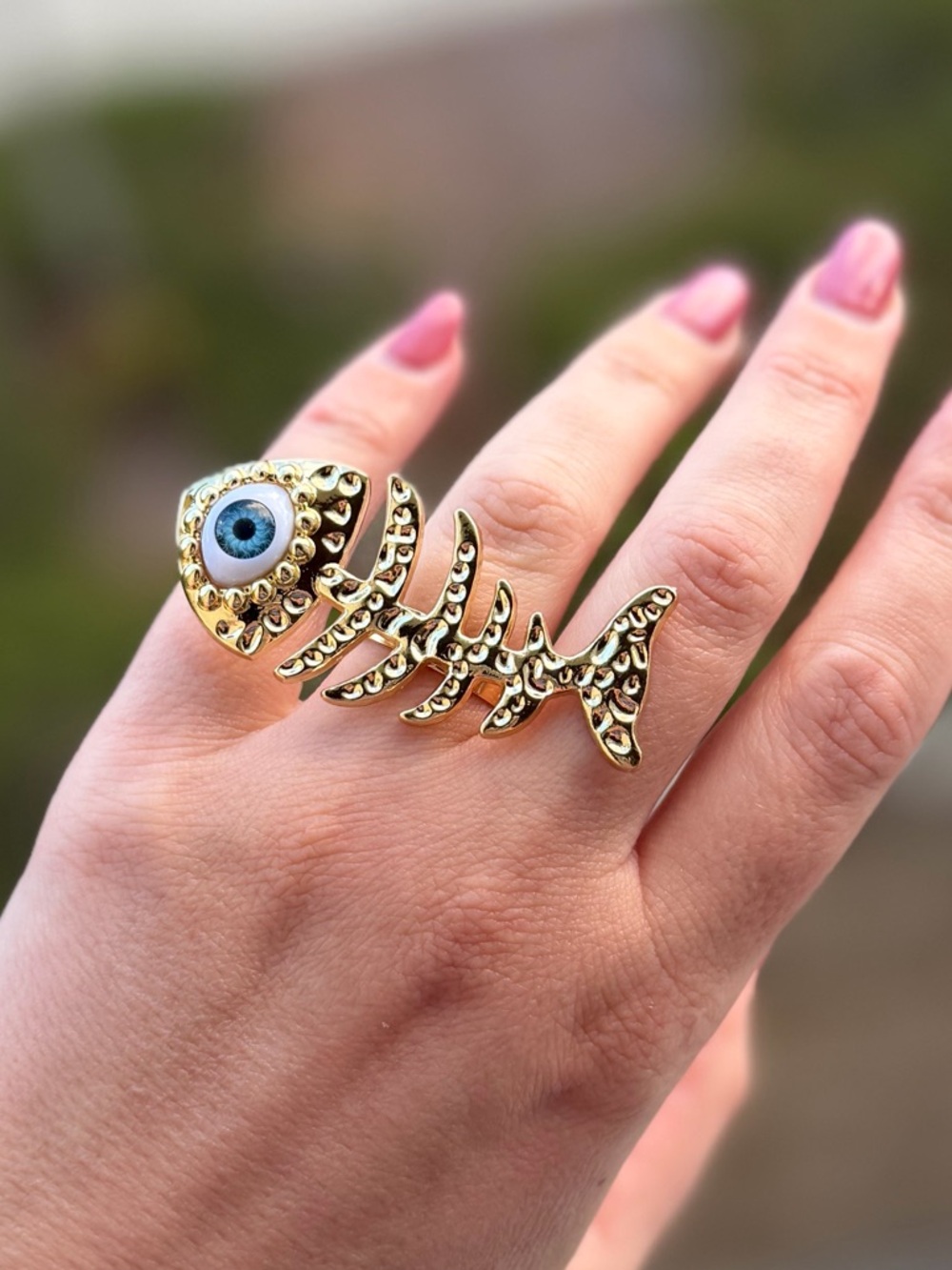 Fishbone Evil Eye Statement Ring